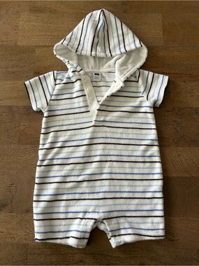 Janie and Jack White Hooded Terry Romper with Blue & Navy Stripes